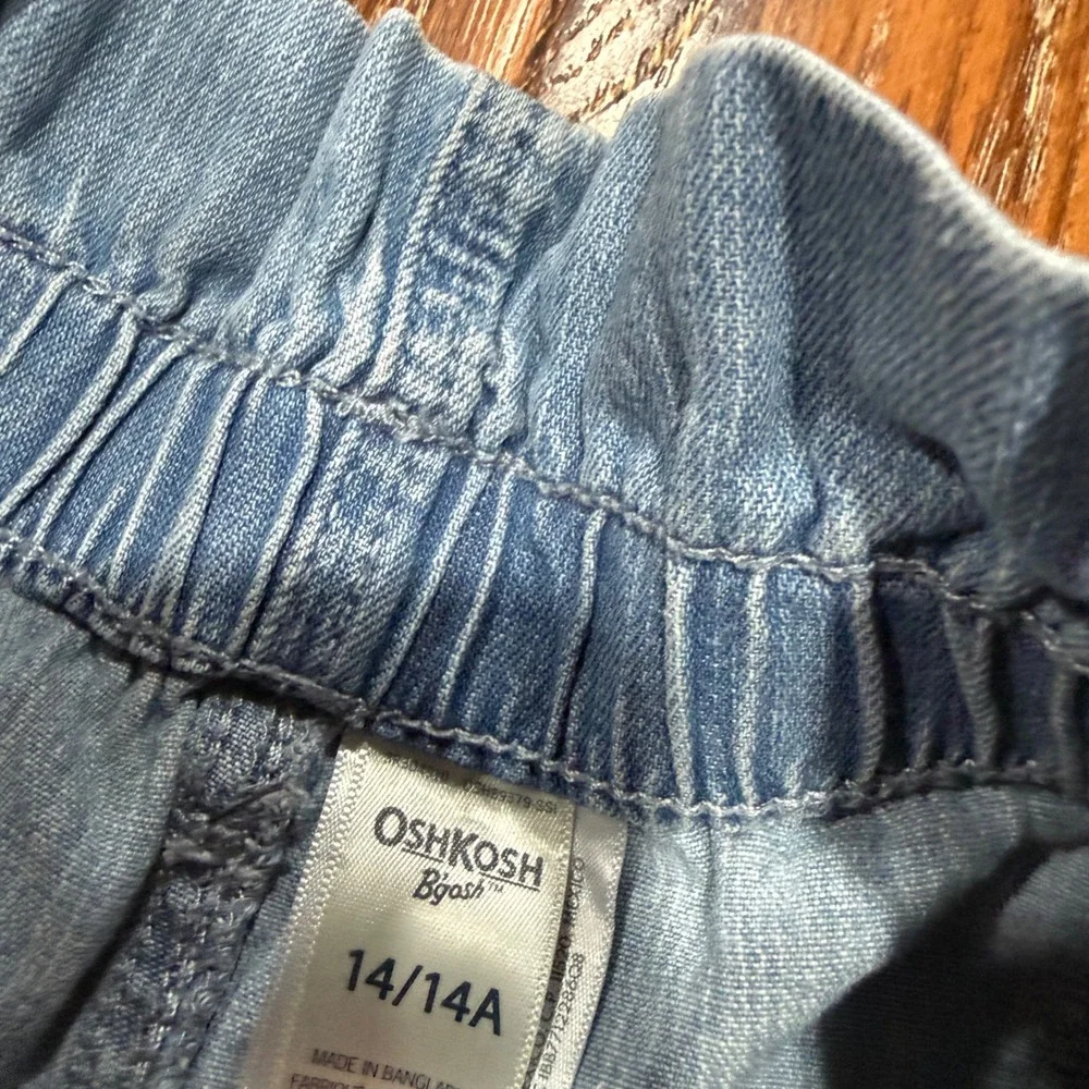 OshKosh 14 Cargo Wide Leg Pants Kids Blue Paperbag Waist Lightweight Denim